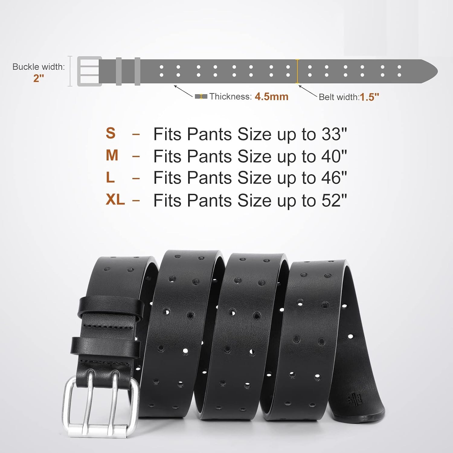 Jasgood Men Double Prong Pu Leather Belt Casual Work Heavy Duty Belt Double Grommet Holes Belt For Jeans