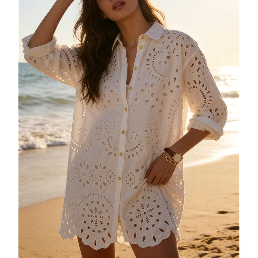 Chartou Women Eyelet Lace Dress Button Down Shirt Loose Fit Summer Casual Mini Dress