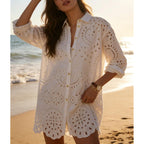 Chartou Women Eyelet Lace Dress Button Down Shirt Loose Fit Summer Casual Mini Dress