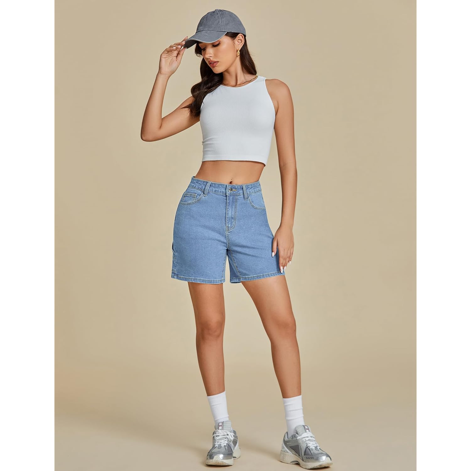 Jean Shorts for Women High Waisted Trendy Casual Utility Stretchy Denim Jorts Cutoff Long Shorts with Pockets
