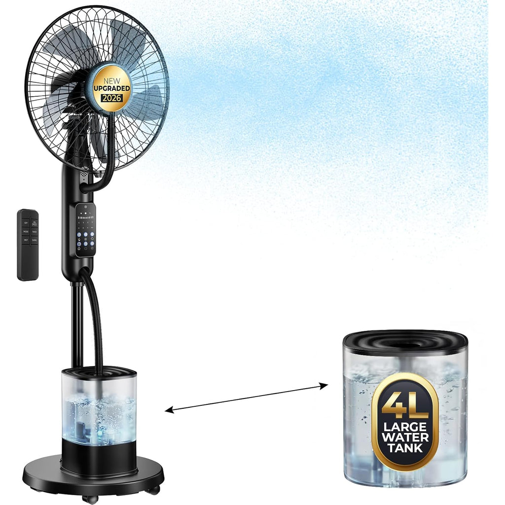 Misting Fan, 2026 Upgraded 4L Large Water Tank Mister Cooling Fan, 5 Speeds 3 Modes Misting Standing Fan, Floor Fan With Remote For Home, Bedroom, Patio, Outdoor Pcs