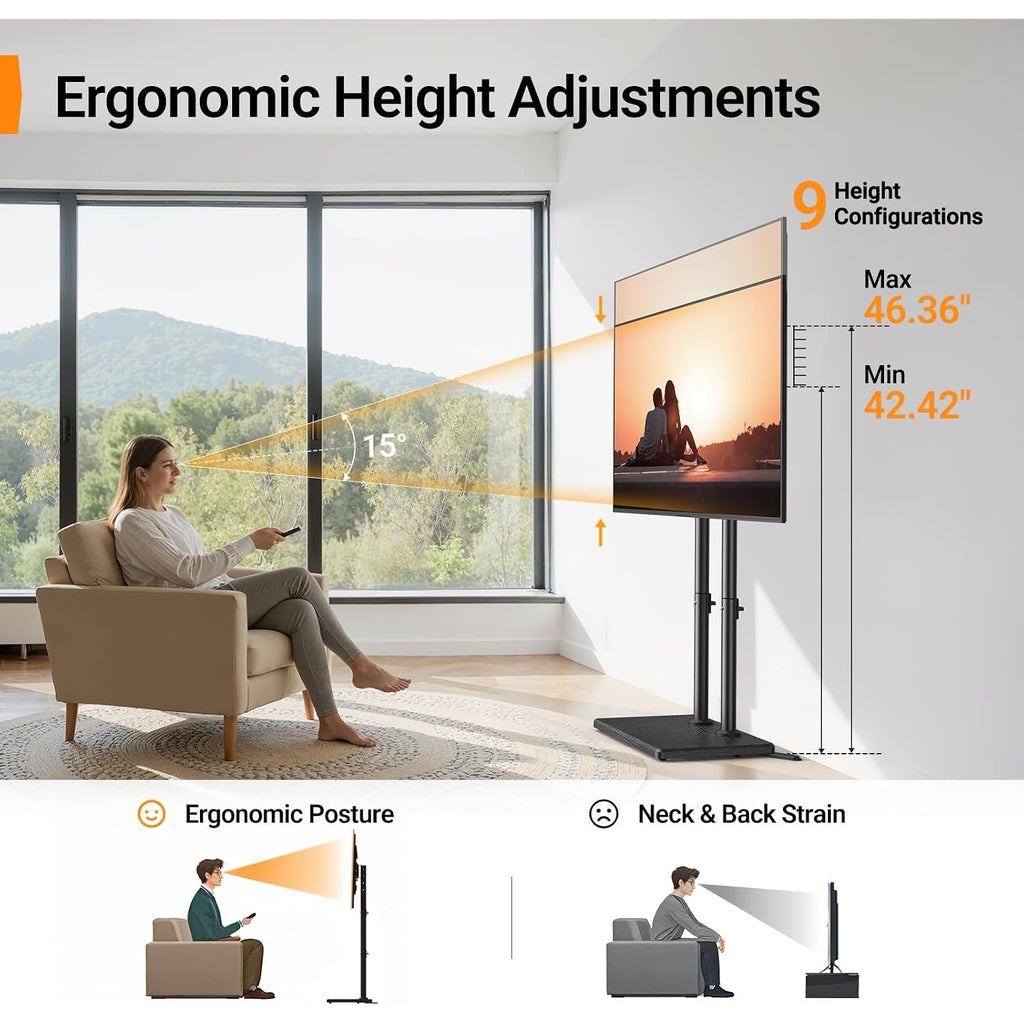 Perlegear Universal Floor Tv Stand For 32–70" Tvs Up To 110 Lbs, Height-Adjustable Tall Tv Stand With Solid Wood Base & Extra-Stable Anti-Tip Feet, Swivel Tv Mount For Bedroom, Vesa 400X400, Pgfls34B