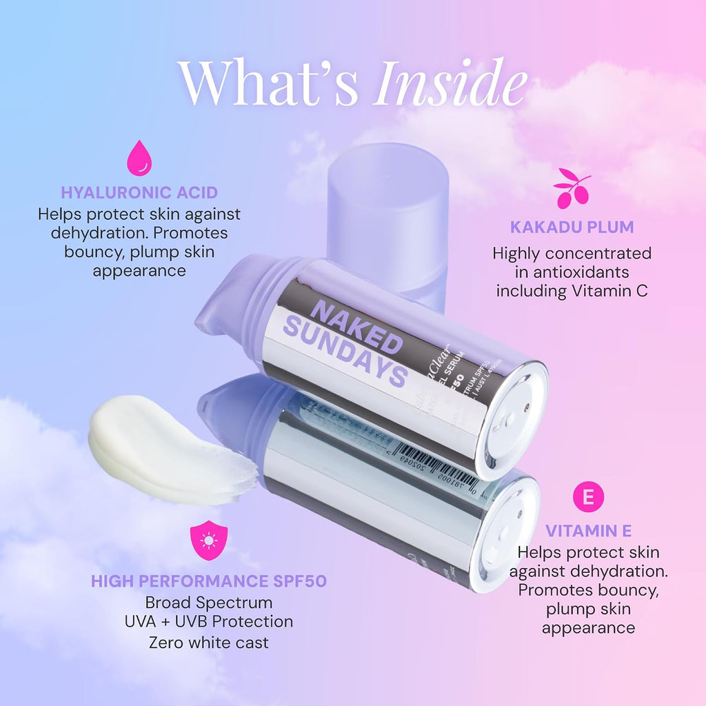 Naked Sundays Cabanaclear Spf 50 Sunscreen Serum For Face, Invisible Water Gel With Hyaluronic Acid, Broad Spectrum Uva/Uvb Protection, Hydrating Makeup Primer, No White Cast, Fragrance-Free, 30Ml