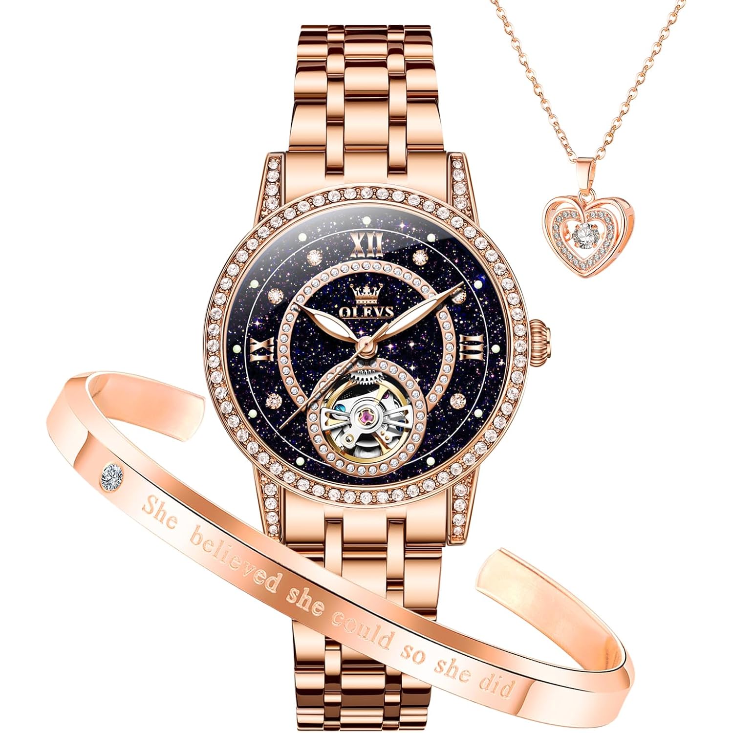 Olevs Automatic Womens Watches Mechanical Diamond Skeleton Luxury Dress Stainless Steel Silver/Rose Gold Waterproof Luminous Ladies Wrist Watches Gift Set