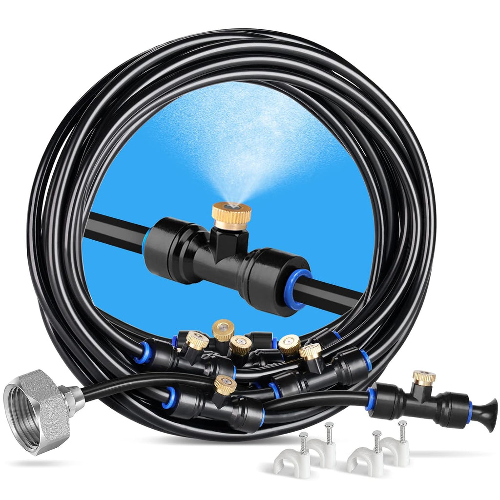 Misting Cooling System, 26Ft (8M) Misting Line + 7 Brass Mist Nozzles + Brass Adapter(3/4") Outdoor Mister For Patio Backyard Garden Greenhouse