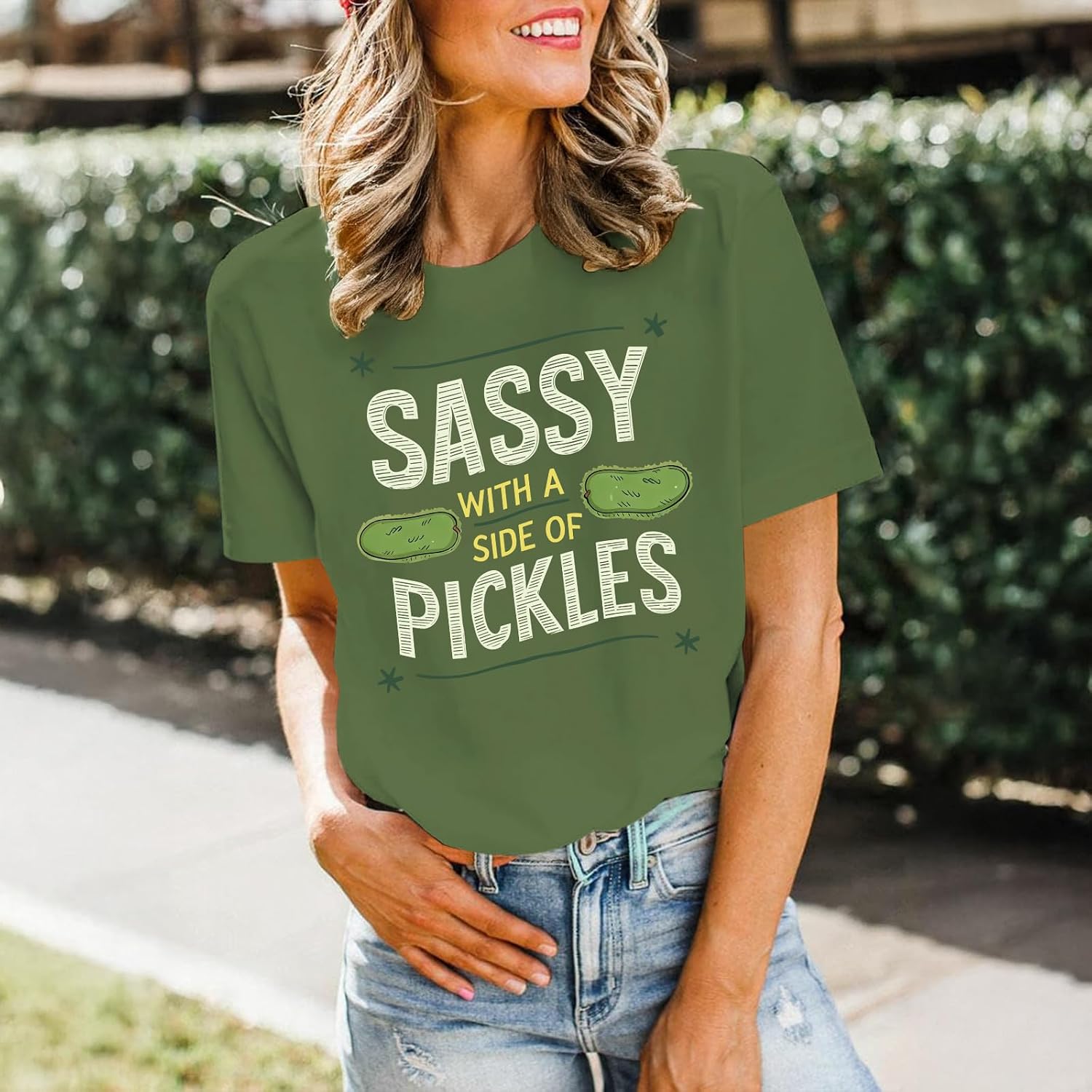 Pickle Shirt Funny Shirts for Women Graphic with A Side of Pickles Tee Cucumbers Short Sleeve Cotton Tops Army Green