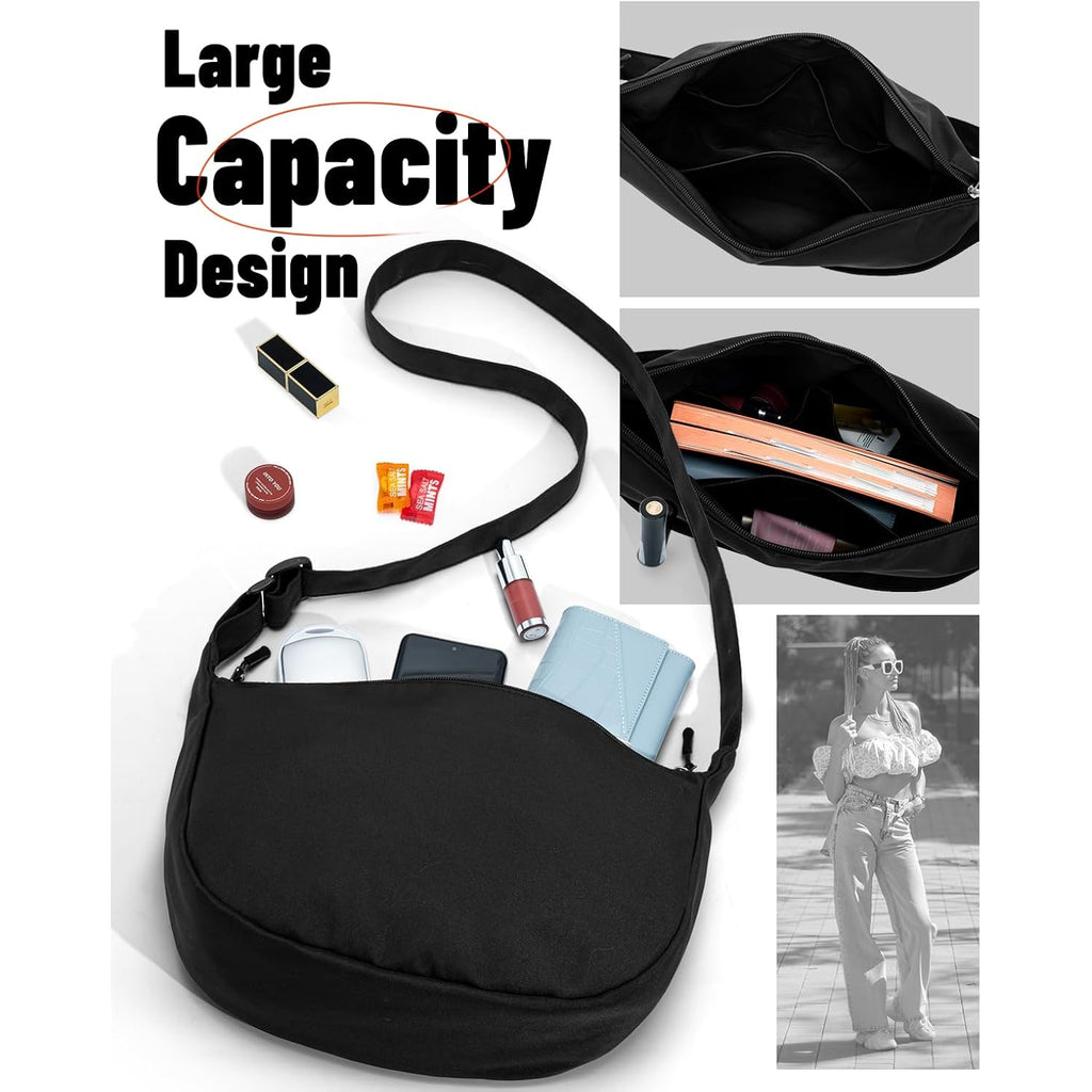 Crossbody Sling Bag for Women Men Trendy, Crescent Bag with Adjustable Strap, 2 Zippers Lightweight