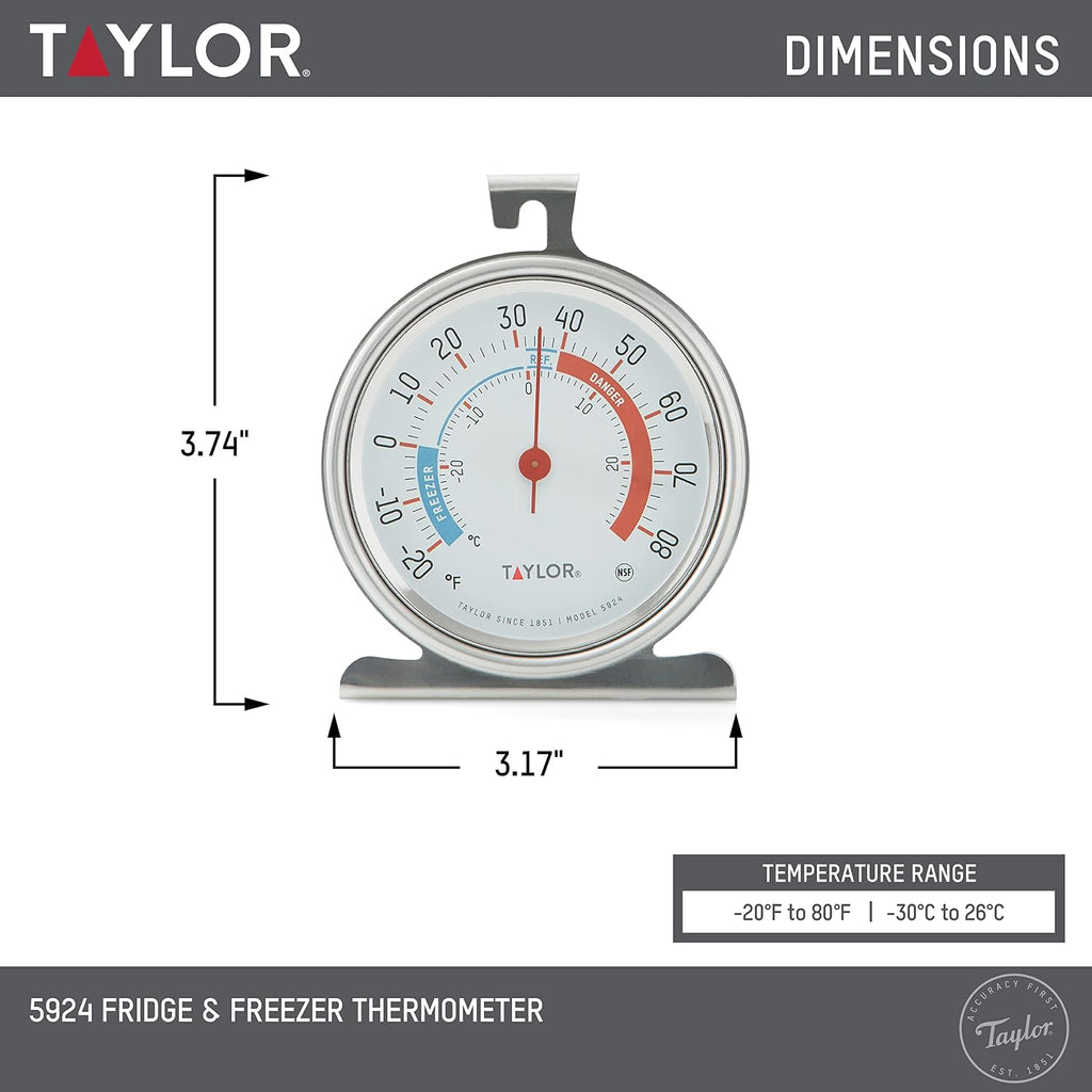 Taylor 5924 Large Dial Kitchen Refrigerator And Freezer Analog Thermometer, 3-Inch Dial, Easy To Read, Silver Finish, Accurate Temperature Monitoring