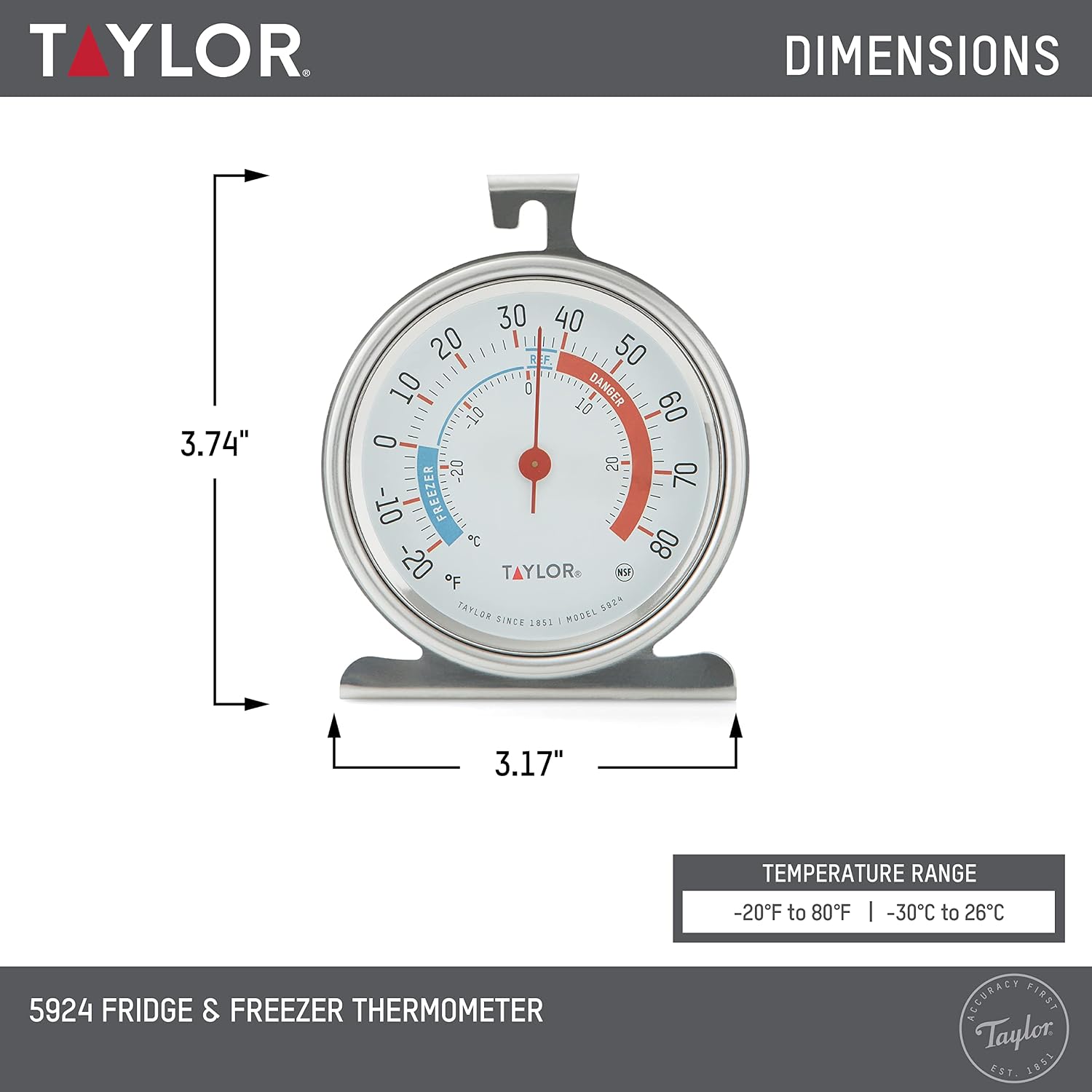 Taylor 5924 Large Dial Kitchen Refrigerator And Freezer Analog Thermometer, 3-Inch Dial, Easy To Read, Silver Finish, Accurate Temperature Monitoring