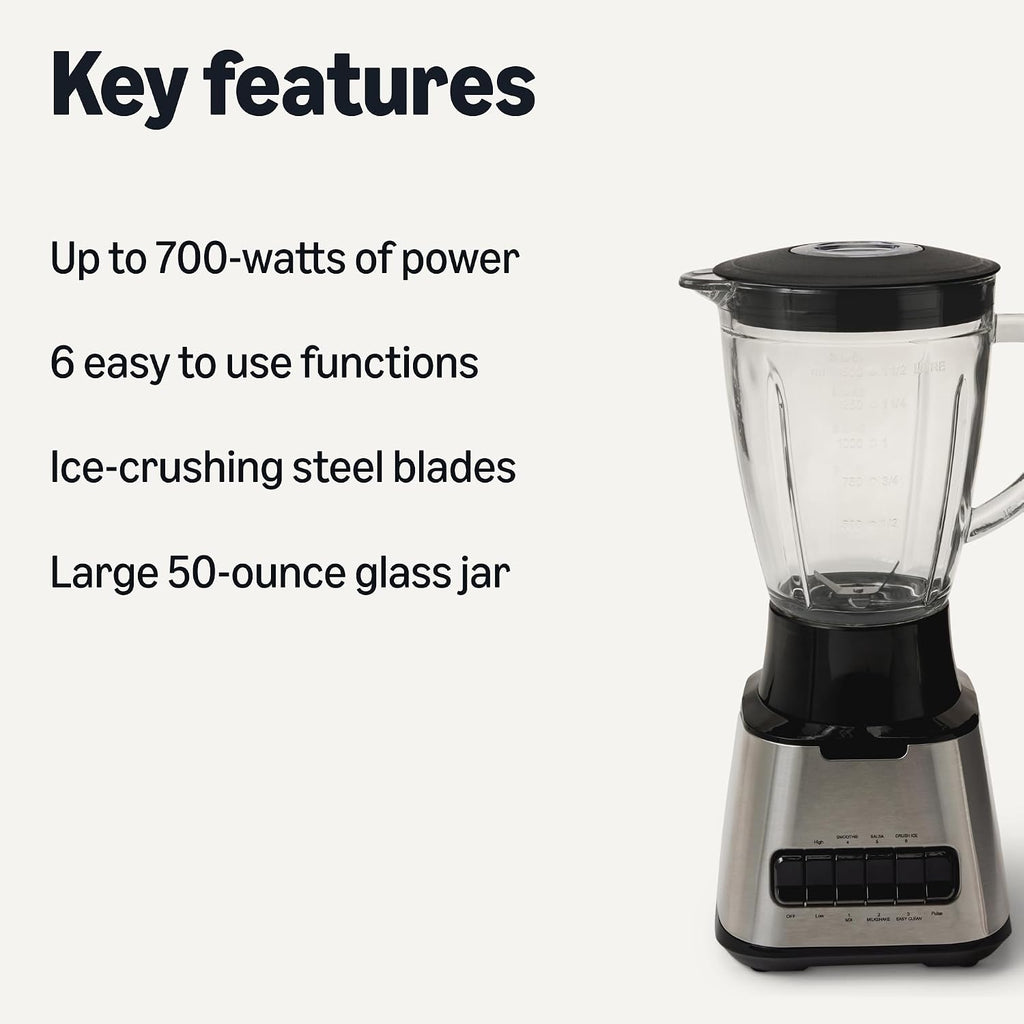 Amazon Basics Powerful 700W Countertop Blender With 6-Cup (50 Fl. Oz) Glass Jar, 6 Pre-Programmed Functions, Ice Crush, Stainless Steel Blades, Black & Silver