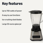 Amazon Basics Powerful 700W Countertop Blender With 6-Cup (50 Fl. Oz) Glass Jar, 6 Pre-Programmed Functions, Ice Crush, Stainless Steel Blades, Black & Silver