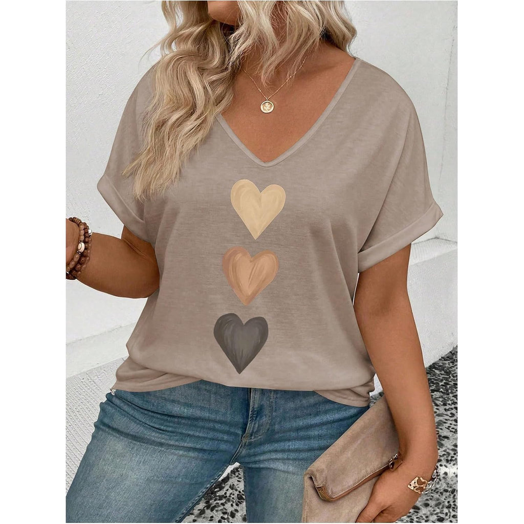 SOLY HUX Women's Plus Size Short Sleeve T Shirts V Neck Heart Graphic Summer Tee Tops Khaki Hearts