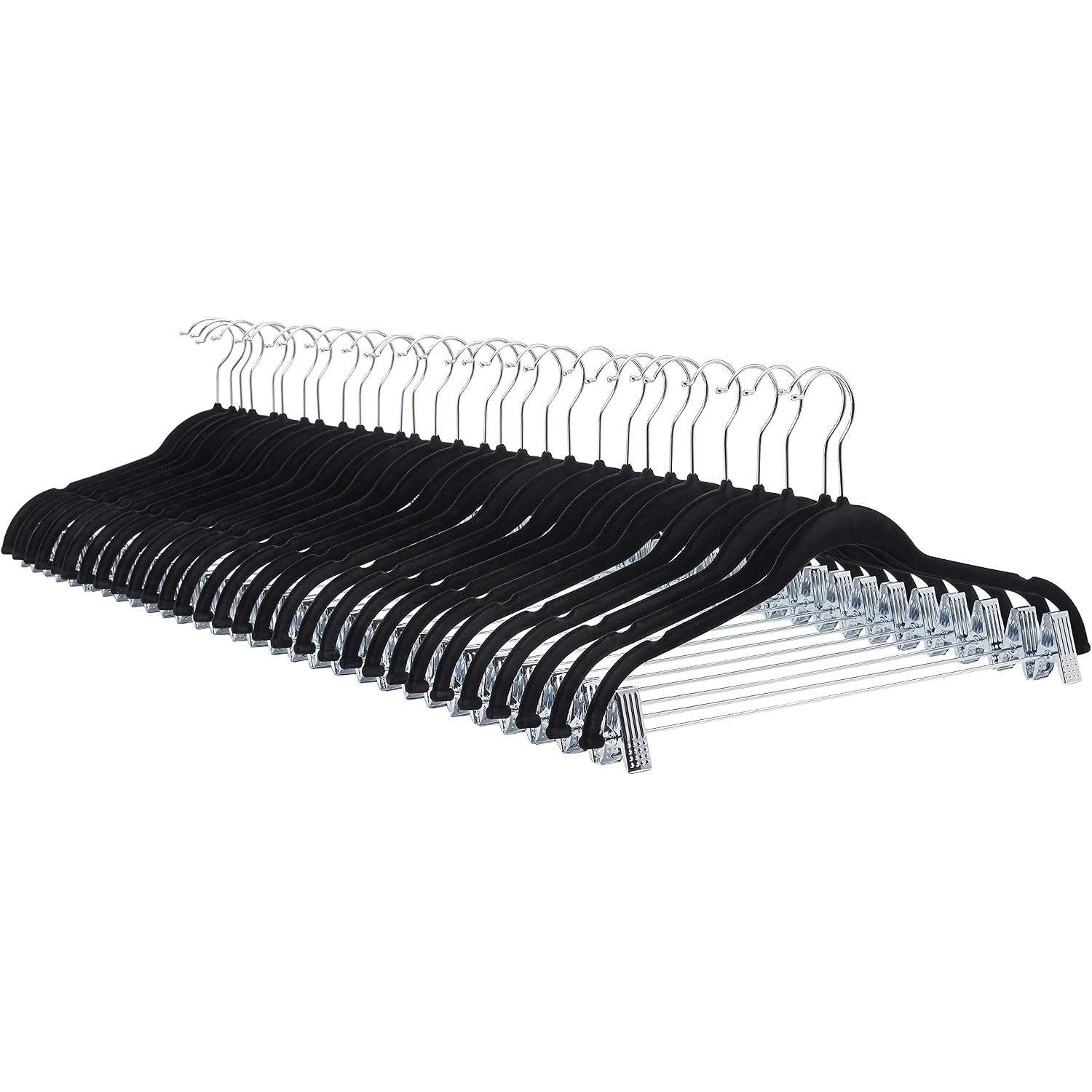 Amazon Basics Velvet Non-Slip Skirt Clothes Hangers With Clips, 360 Degree Rotatable Hook, Organize Pants And Skirts, Black/Silver, 24-Pack