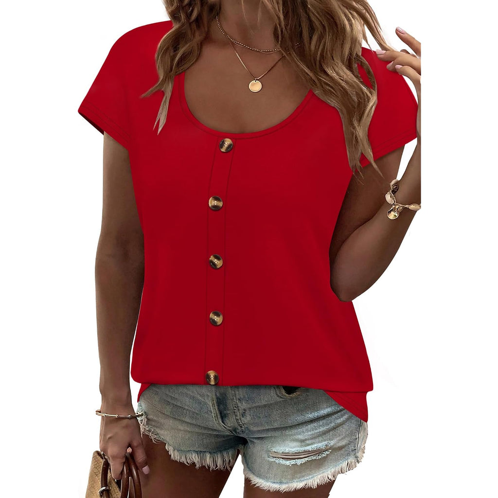 Wiholl Womens Summer Tops Cap Short Sleeve Shirts Button Down Blouses U Neck T Shirts Fashion Clothing