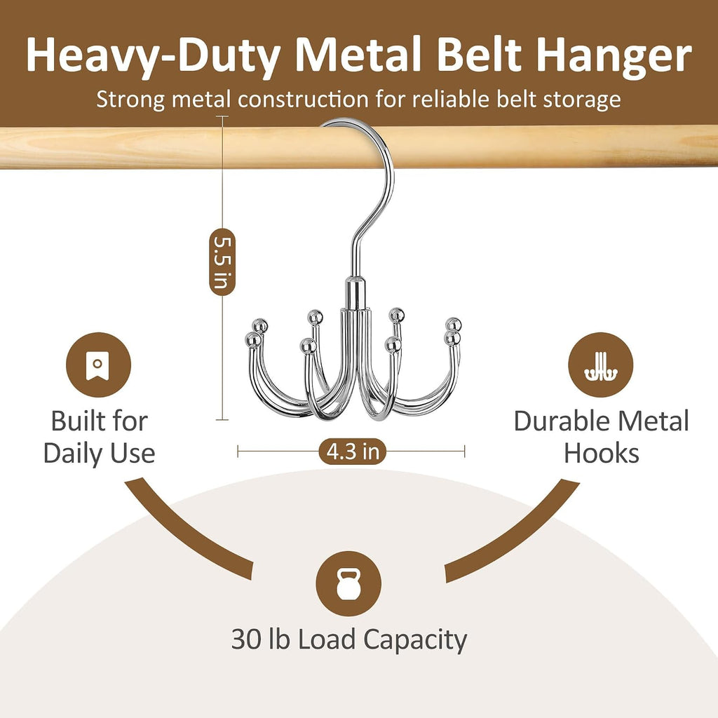 Belt Organizer For Closet, Heavy-Duty Rotating Belt Hanger Tie Rack Holds Up To 24 Belts, Hanging Space Saving Metal Belt Holder For Closet Storage