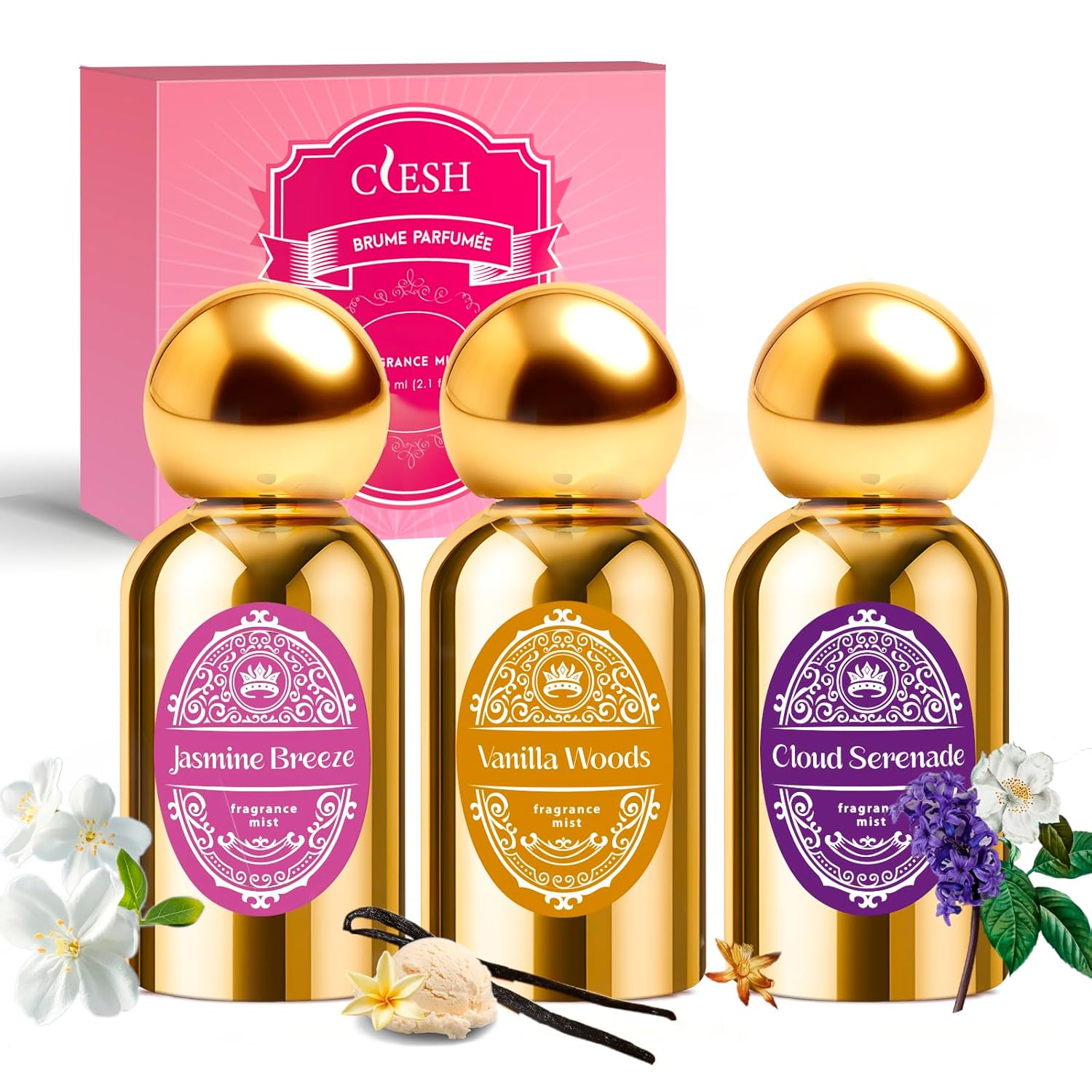 Body Spray for Women, Fragrance Mist, 3 Pack Travel Size Set, 60ml/2.1 fl oz, Vanilla Woods, Cloud Serenade, Jasmine Breeze