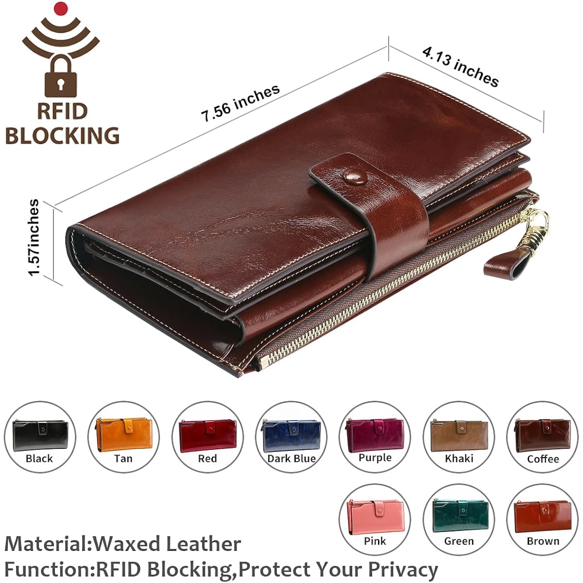 Itslife Womens Wallet RFID Blocking Large Capacity Luxury Wax Genuine Leather Wallets Clutch Wallet Ladies Card holder, Coffee