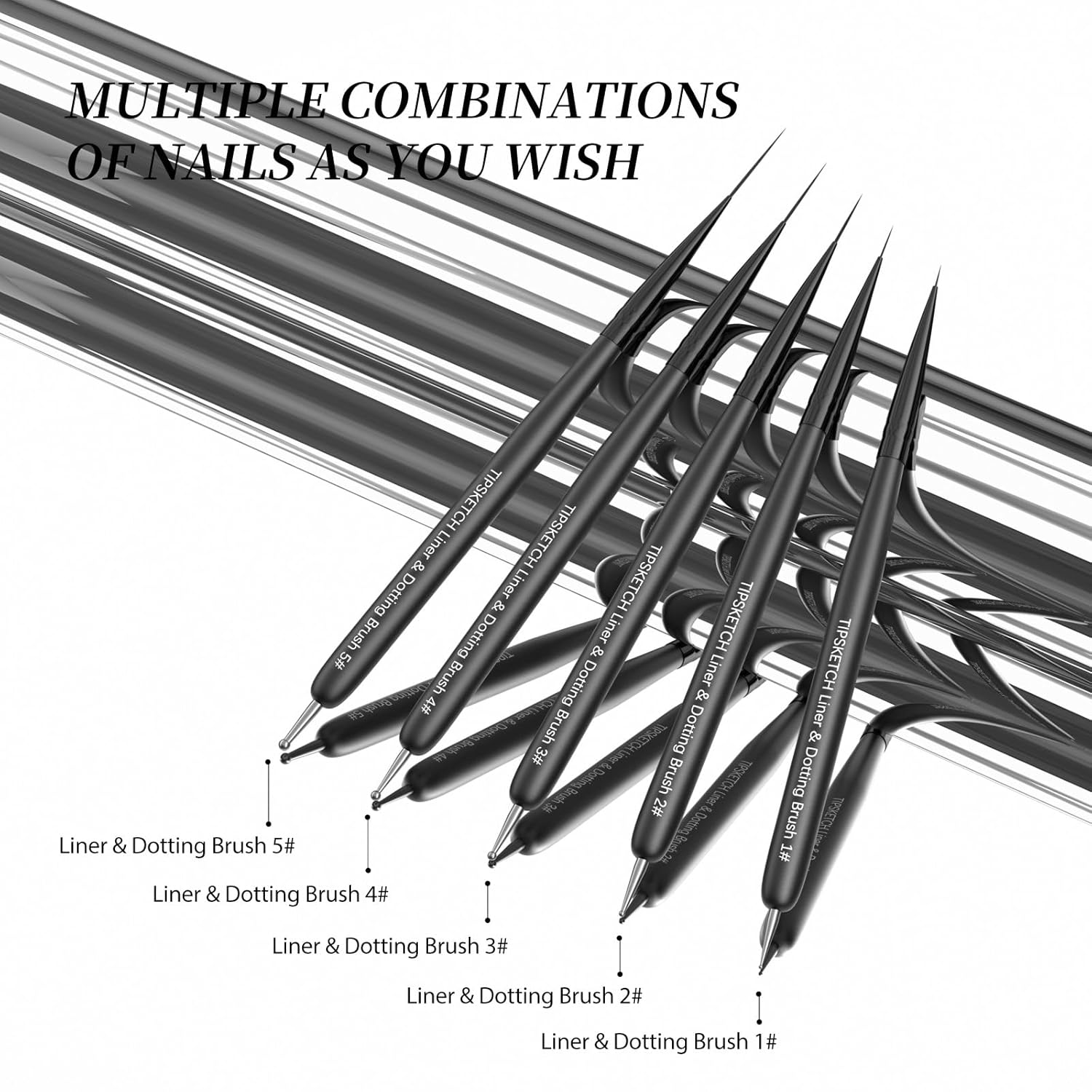 Nail Art Liner Brushes 5Pcs with Caps & Bag,Double‑Ended Thin Liner & Dotting Pen Set(4/8/12/15/20mm) for Long Lines,Fine Details,Gel Polish & Nail Painting
