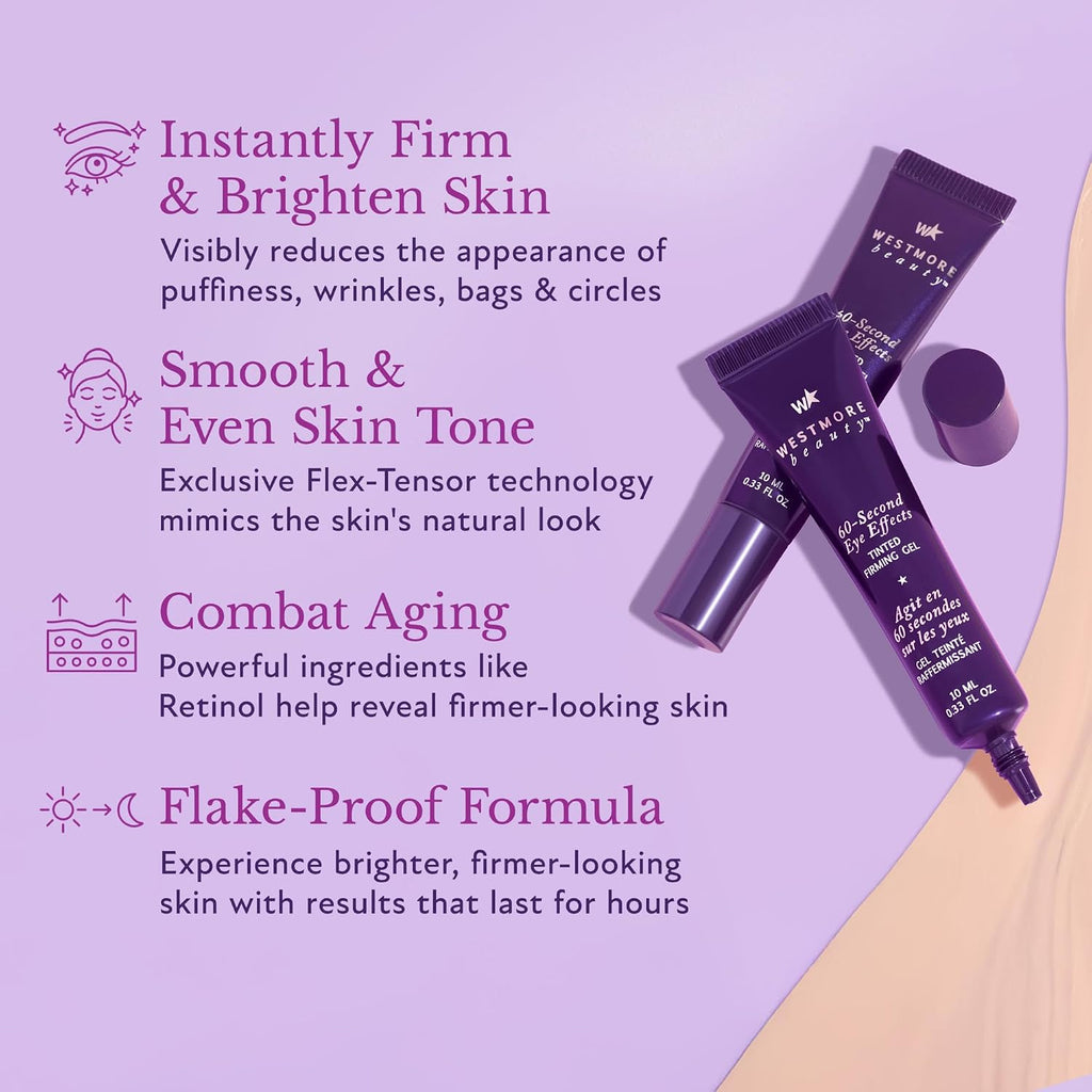 Westmore Beauty 60 Second Effects Tinted Firming Gel - Under Eye Cream For Puffiness And Bags Under Eyes - 10 Ml Light To Medium - 0.33 Fl Oz