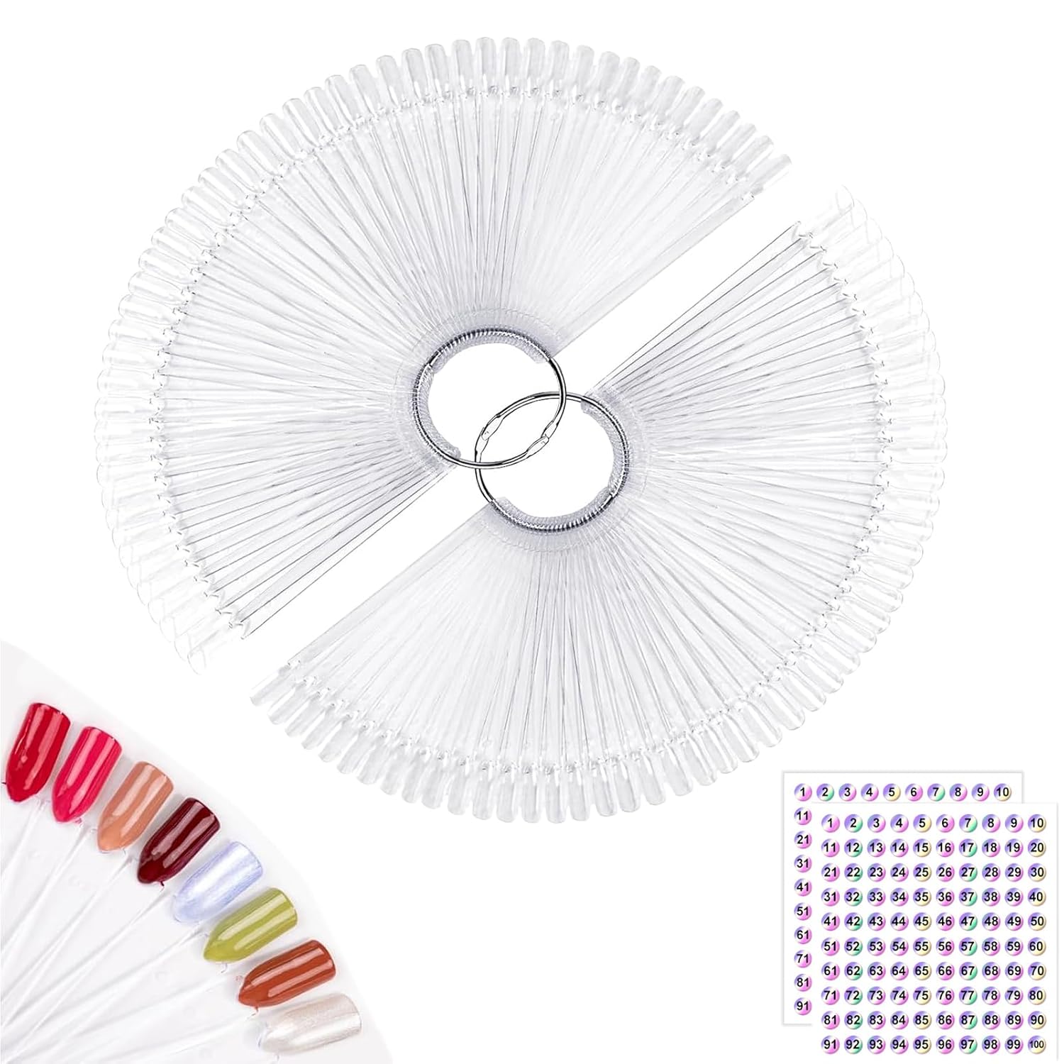 Subay 100pcs Fan-shaped Nail Swatches Sticks with Number Stickers, False Fake Nail Art Tips Sticks Polish Gel Salon Display Practice Tools with Metal Split Ring Holder