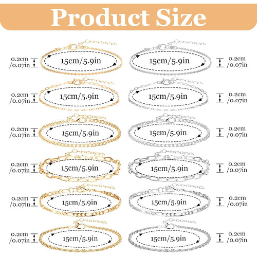 12pcs Gold/Silver Ankle Bracelets for Women Layered Waterproof 14k Cuban Link Chain Anklets Set Adjustable Dainty Summer Beach Gold Accessories Boho Bracelet Jewelry