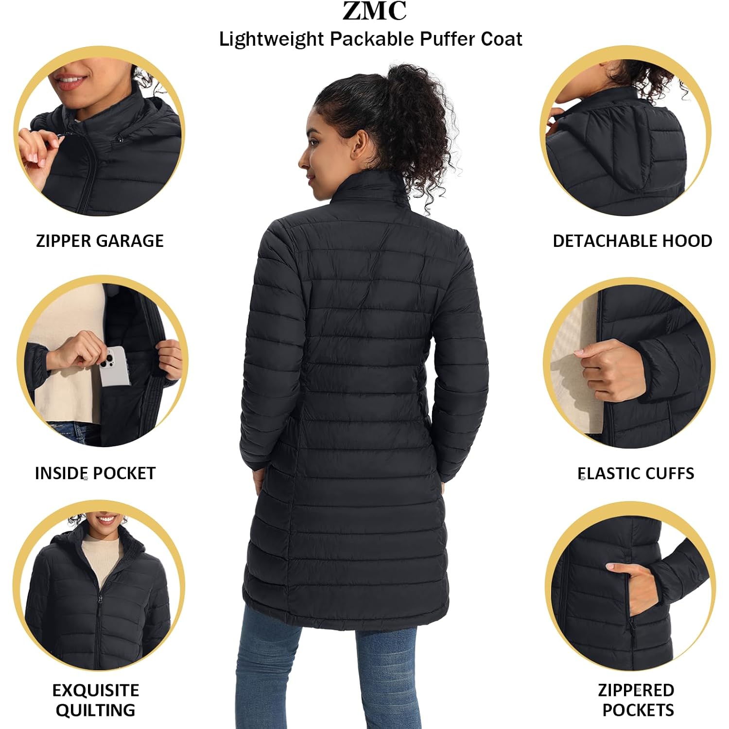 Zmc Packable Women Puffer Coat, Lightweight Water-Resistant Puffer Jacket Detachable Hood Slim-Fit Winter Coat For Women