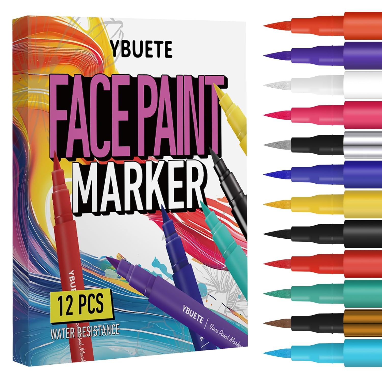 YBUETE 12 Colors Face Body Painting Markers, Water Resistance Tattoo Pen for Adults, Long-lasting and Smudge-proof Temporary Tattoo Markers for Mardi Gras Parties, SFX & Festivals