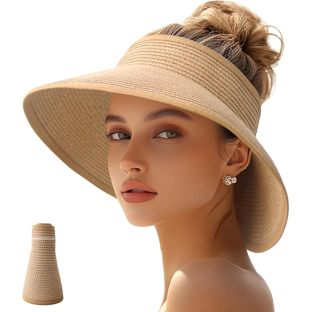 Sun Visor Hats for Women Straw Wide Brim Ponytail Beach Hat Packable Foldable UV Protection Travel Hats