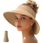 Sun Visor Hats for Women Straw Wide Brim Ponytail Beach Hat Packable Foldable UV Protection Travel Hats