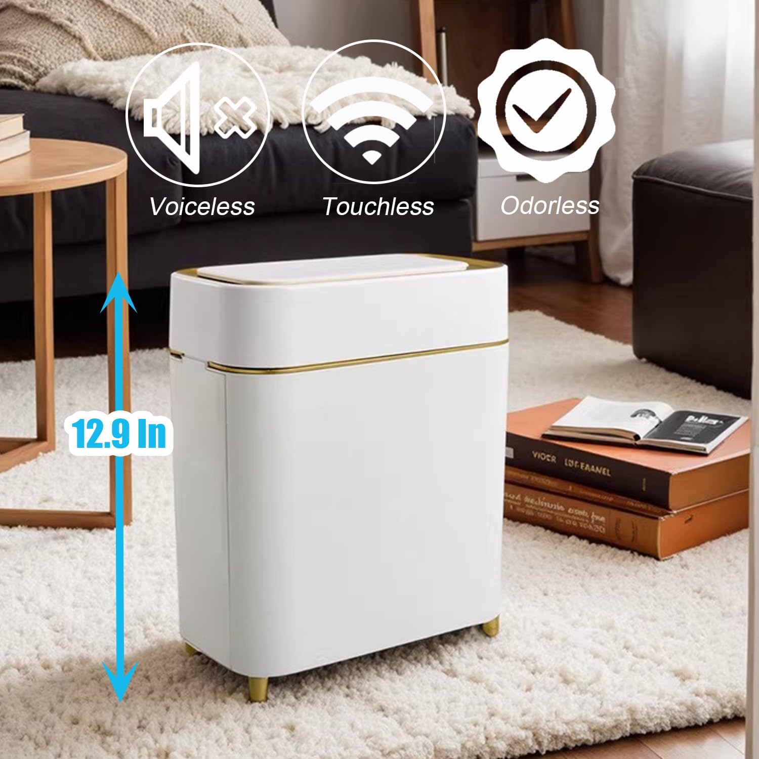 Yatmung 2-Pack - Automatic Compact Trash Can With Touchless Lid Smart Garbage Can - Waste Basket For Bathroom, Bedroom, Laundry Room, Small Spaces - Motion Sensor Trash Bin - White With Gold Edge