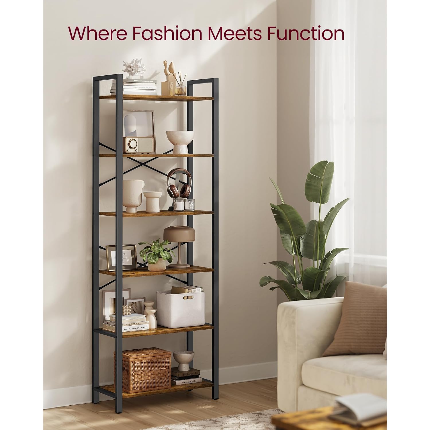 Vasagle 6-Tier Bookshelf, Bookcase With Steel Frame, Book Shelf For Living Room, Home Office, Study, 11.8 X 26 X 73.2 Inches, Industrial Style, Rustic Brown And Ink Black Ulls062B01