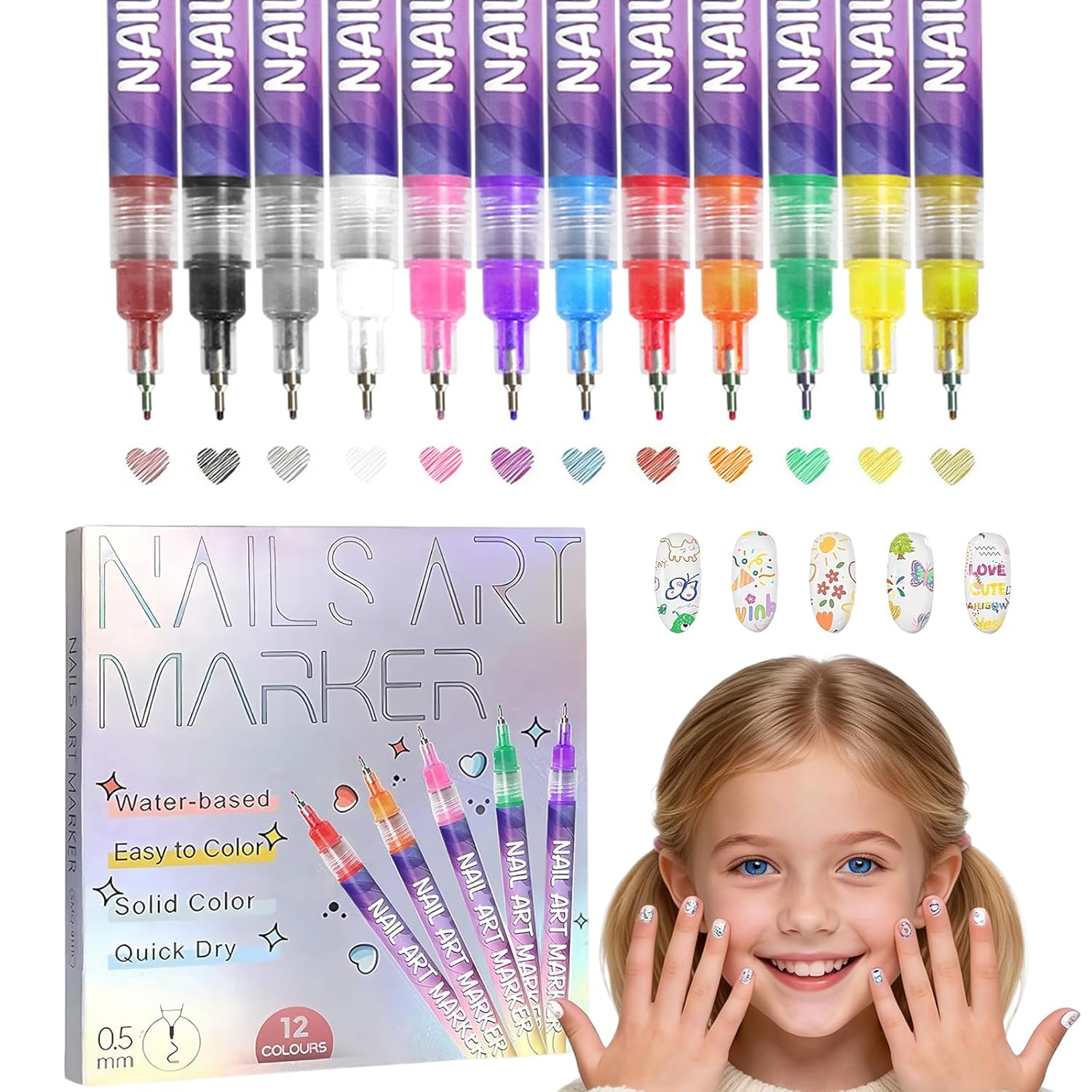Nail Art Markers Pens Set, 12 Colors Nail Art Markers for Kids Girls Women, Quick-Dry Nail Polish Pens for Painting Nails, Dotting & Drawing Designs