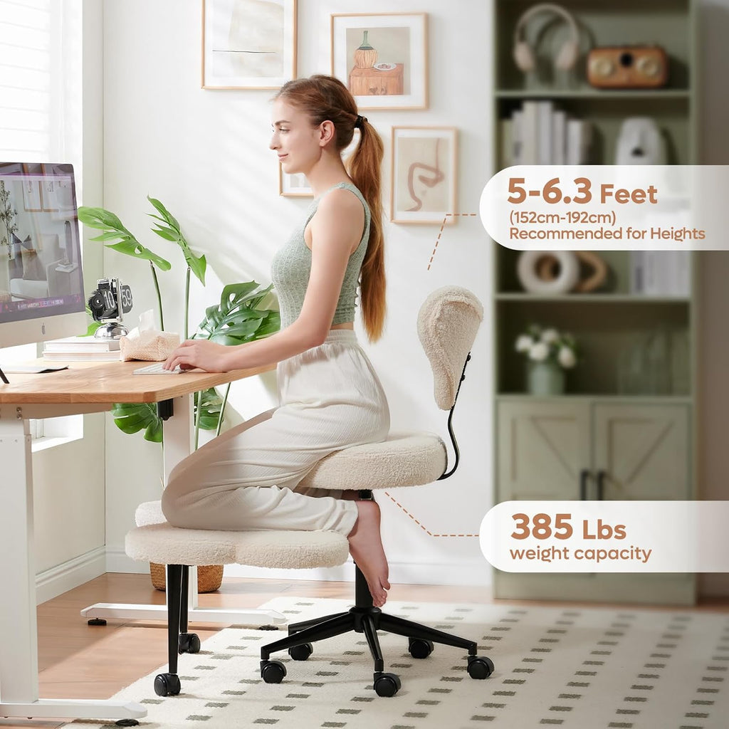 Ergonomic Cross Legged Chair, 360° Swivel Meditation Chair With Wheels, Height Adjustable Seat For Adhd, Strong Lumbar Support, Chic Home Office Furniture, Teddy Fabric, Off White