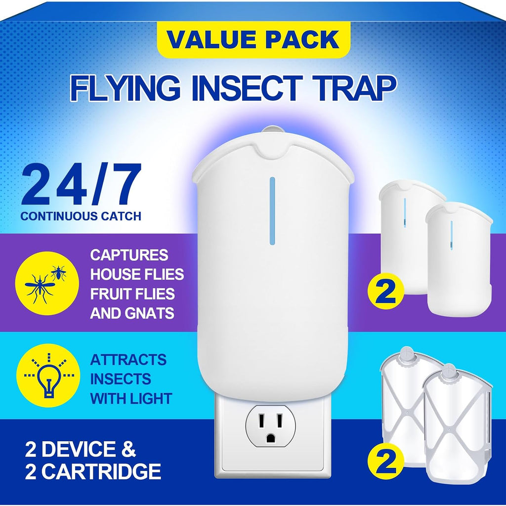 2 Flying Insect Traps & 2 Cartridges - Compatible With Refill - Plug In Fruit Fly Trap For Indoor - Bug Catcher For Gnats, House & Fruit Flies - Use In Any Room (2 Device & 2 Cartridges)