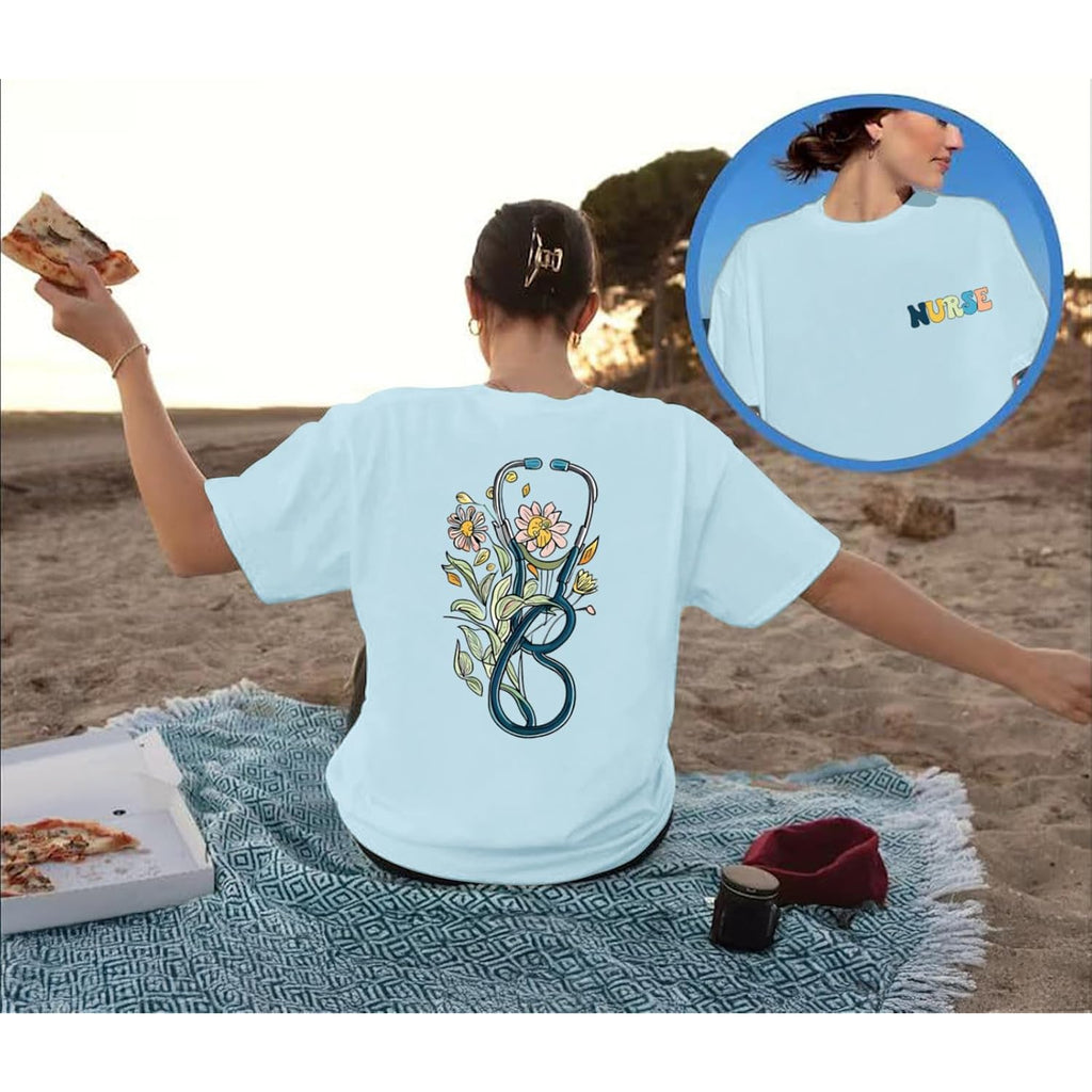Nurse Graphic Shirts for Women Boho Floral Nurse Life T Shirt Stethoscope Oversized Graphic Tees Nurses Day Gifts Light Blue