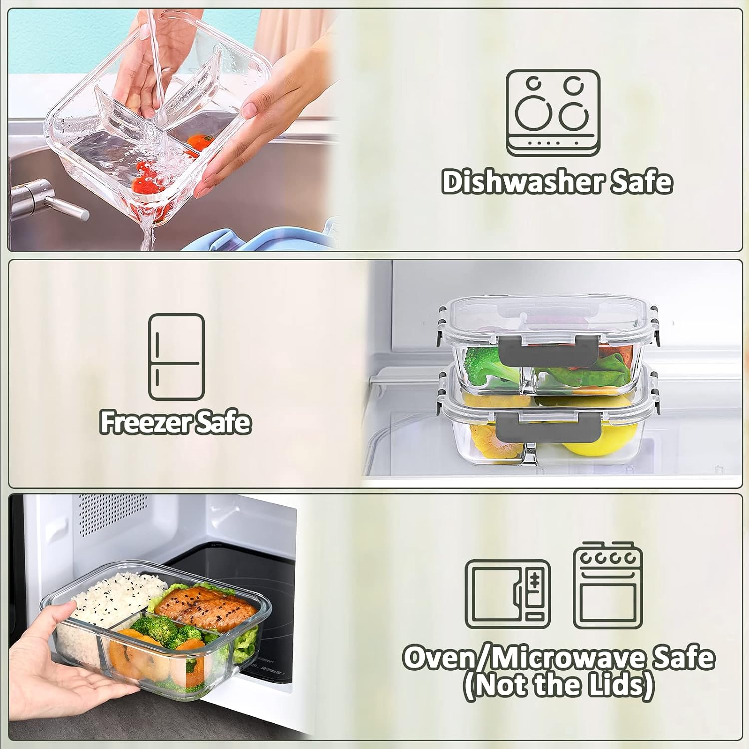 M Mcirco [5-Pack, 36 Oz] Glass Meal Prep Containers 3 Compartment With Lids, Glass Lunch Containers,Food Prep Lunch Box,Bento Box,Microwave, Oven, Freezer, Dishwasher (4.5 Cups)