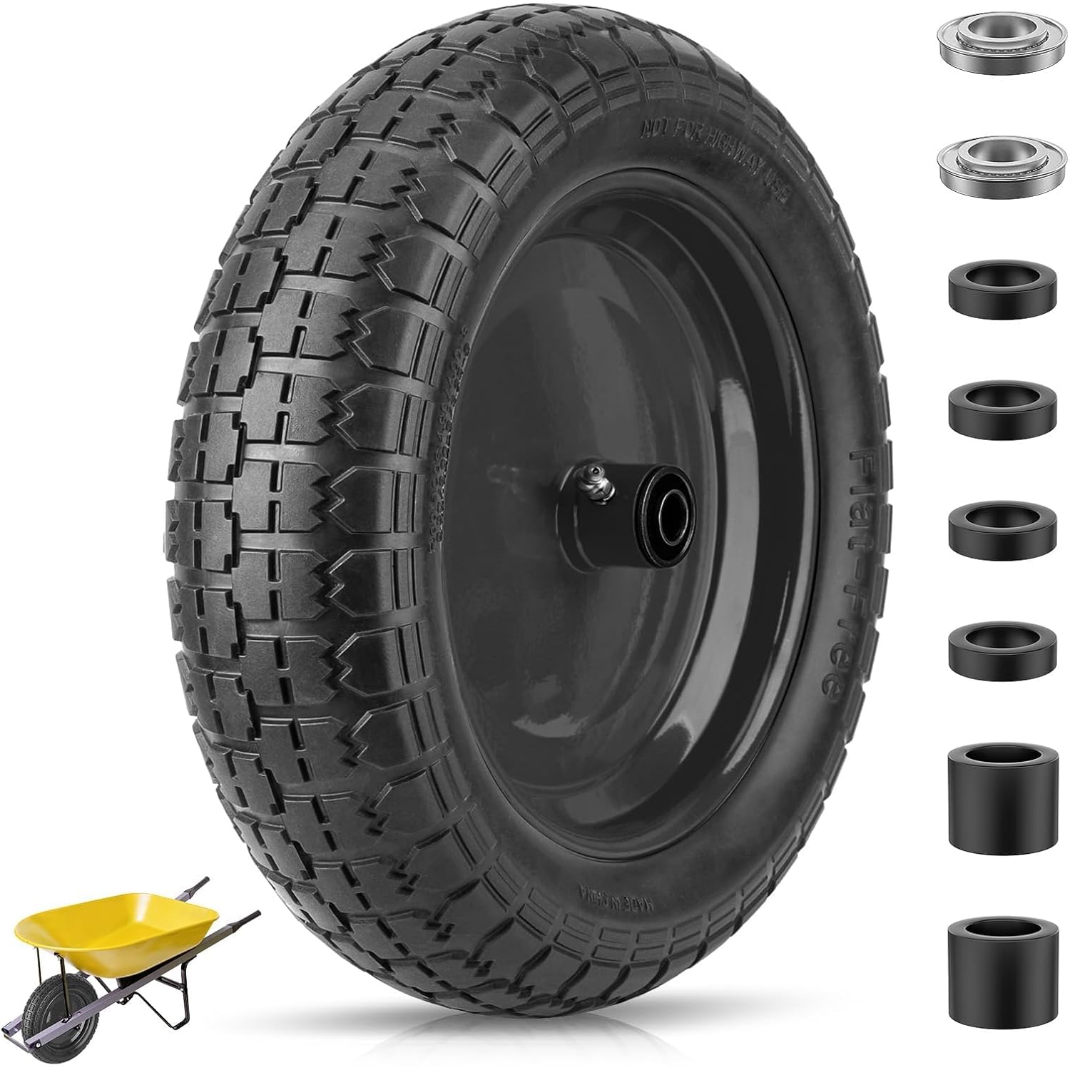 Ticonn 4.80/4.00-8 Tire, 14.5" Flat Free Wheelbarrow Tire And Wheel, Solid Replacement Tires With 3" Centered Hub, 5/8" 3/4" Bearings, Universal Fit 4.80/4.00-8, 3.50/3.00-8, 4.00-6 (Black)