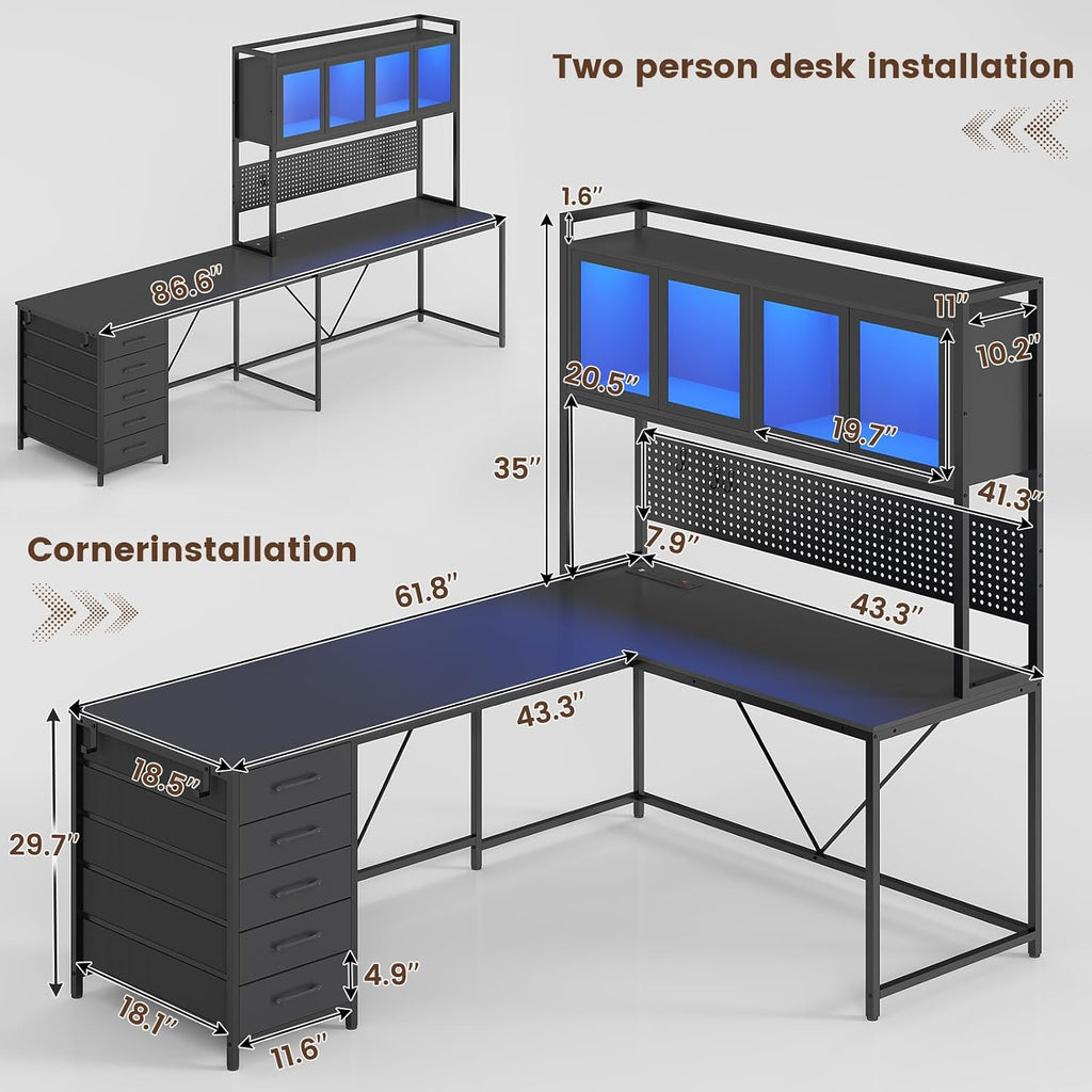 Sedeta L Shaped Gaming Desk With Drawers, L Shaped Computer Desk With Hutch And Storage Shelves, Gaming Desk With Pegboard, Led Lights, And Power Outlet, Home Office Desk, Corner Desk, Black