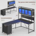 Sedeta L Shaped Gaming Desk With Drawers, L Shaped Computer Desk With Hutch And Storage Shelves, Gaming Desk With Pegboard, Led Lights, And Power Outlet, Home Office Desk, Corner Desk, Black