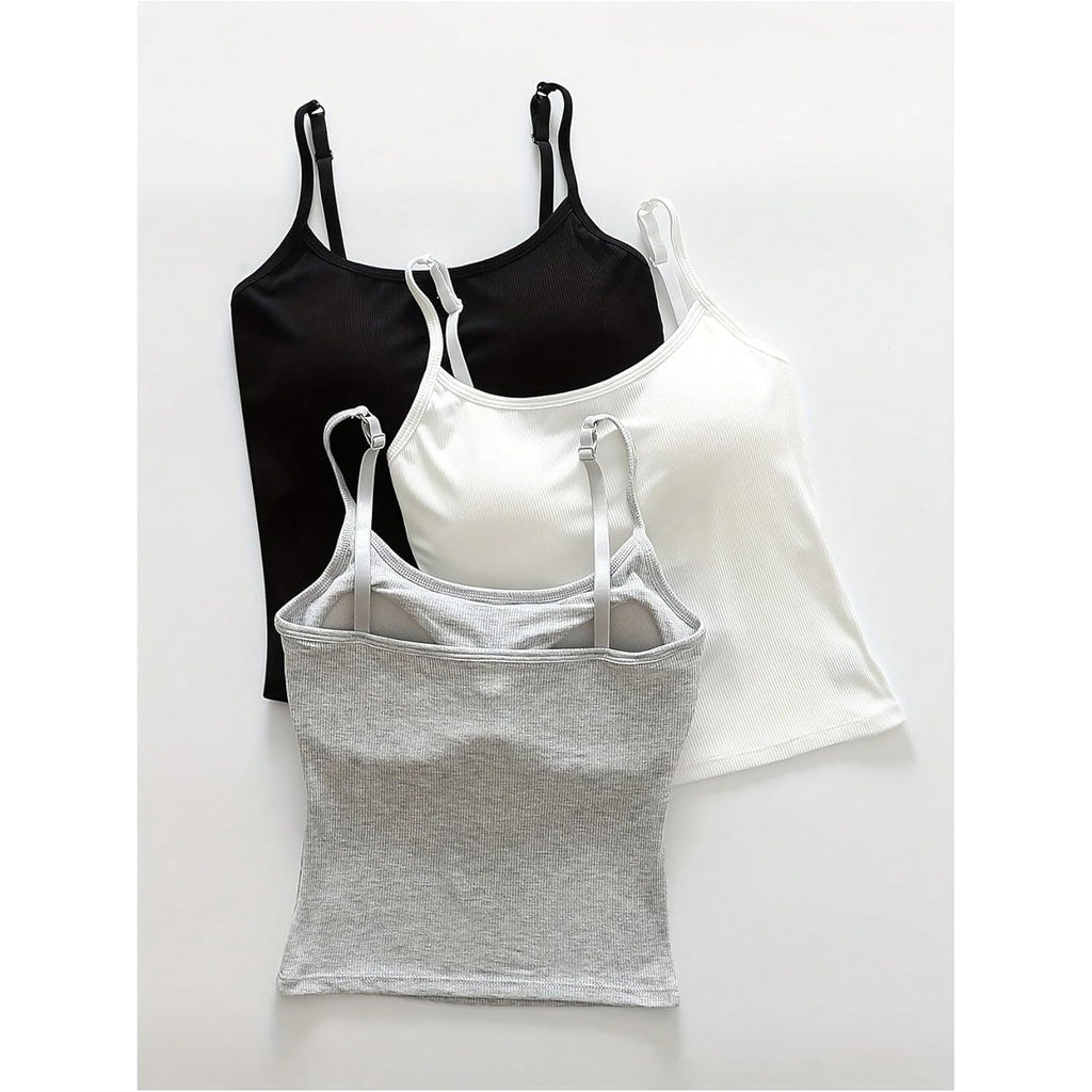 Women's 3 Pack Cami Crop Top Built in Bra Spaghetti Strap Camisole Tops