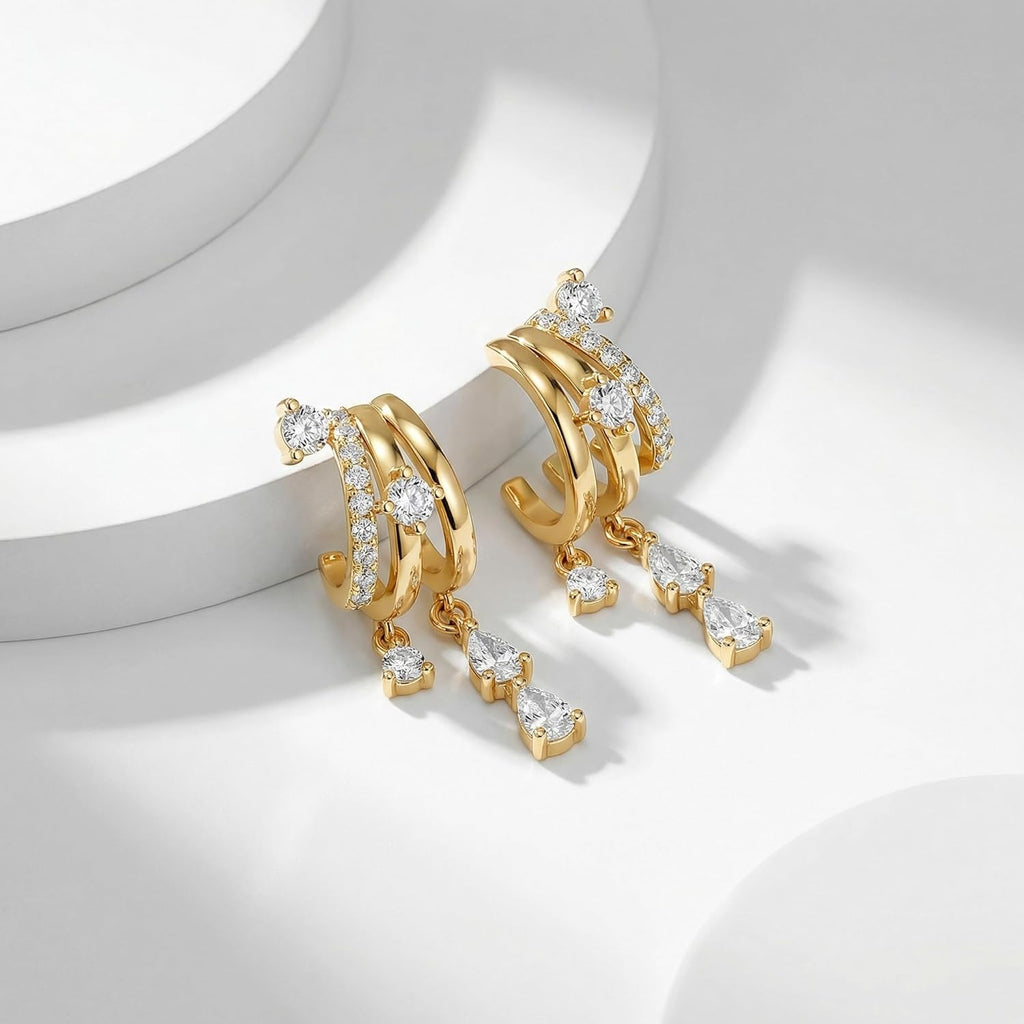 Triple Huggie Stacked Earrings for Women Gold Chain Drop Dangle Earrings Cute Statement CZ Earrings Trendy Dainty Jewelry Gift