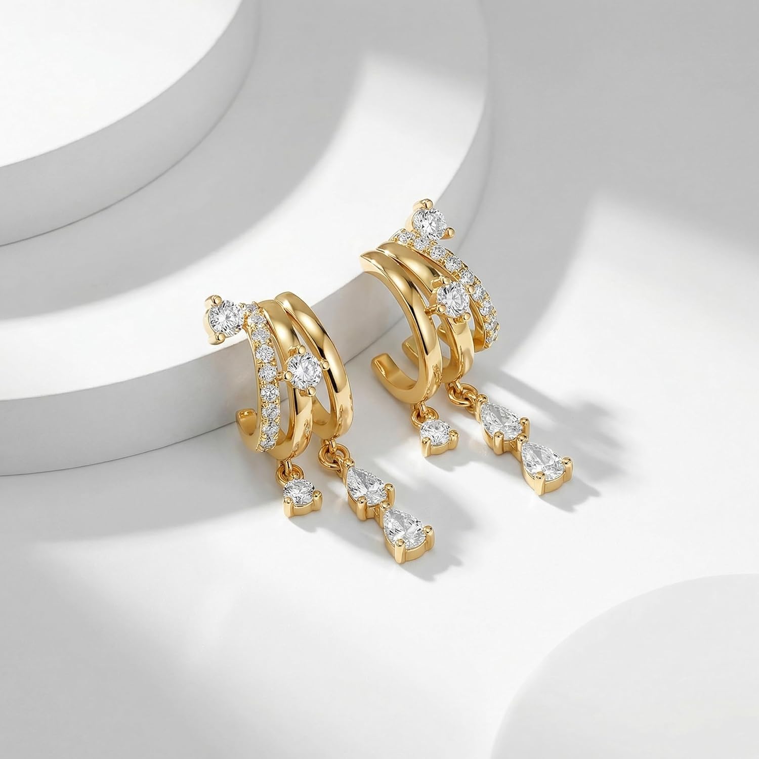 Triple Huggie Stacked Earrings for Women Gold Chain Drop Dangle Earrings Cute Statement CZ Earrings Trendy Dainty Jewelry Gift