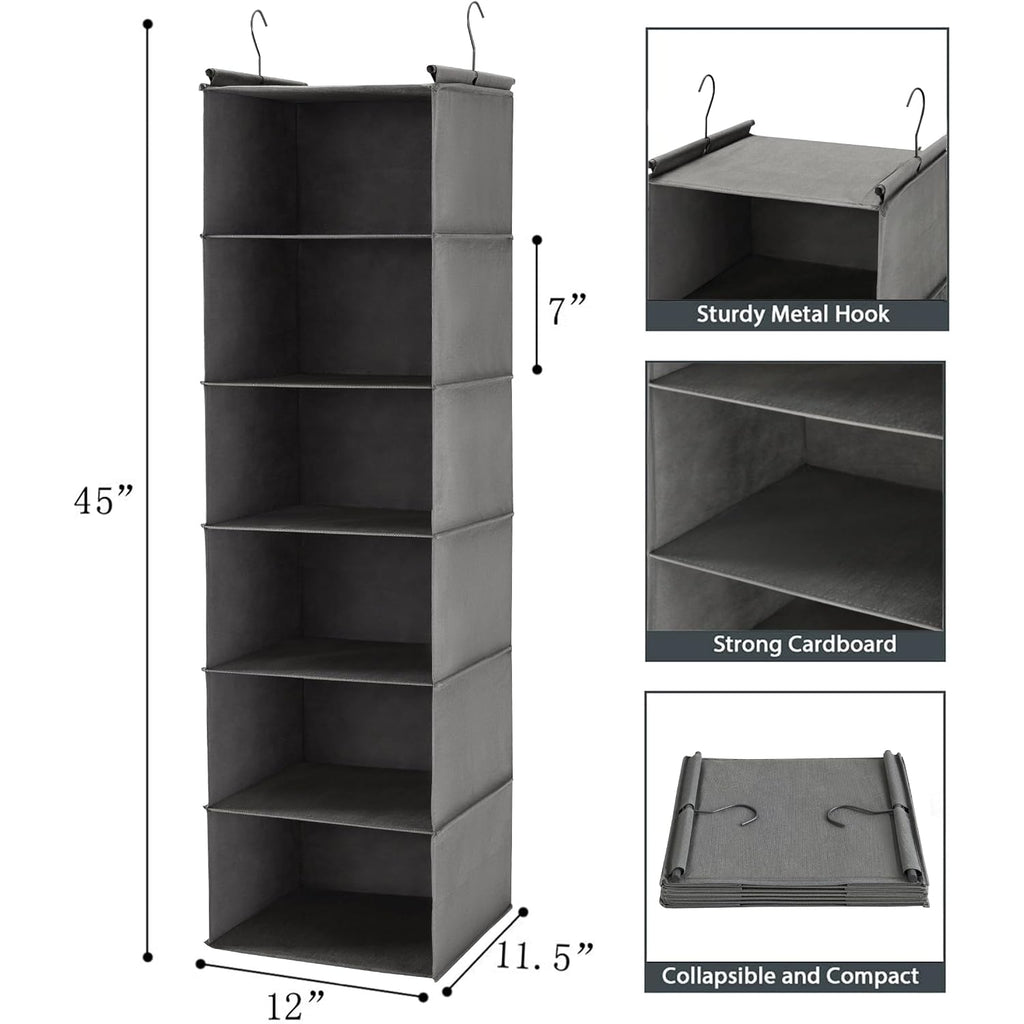 6 Tier Shelf Hanging Closet Organizer, Closet Hanging Shelf With 2 Sturdy Hooks For Storage, Foldable (Grey)