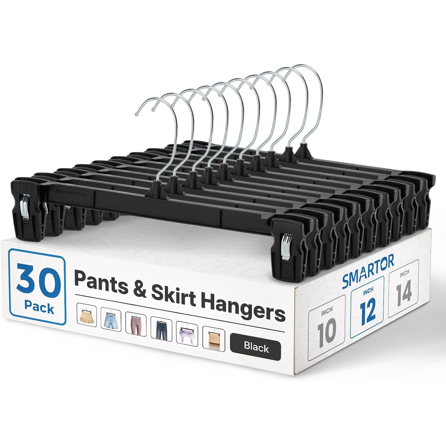 Smartor Pants Hangers - 30 Pack, Black Clips Hangers With 360° Hooks, Shorts Hanger With Strong Clamps, Dress, Heavy Duty As Trousers, Skirt, Jeans, Towel And Bottom Clothes -12 Inch