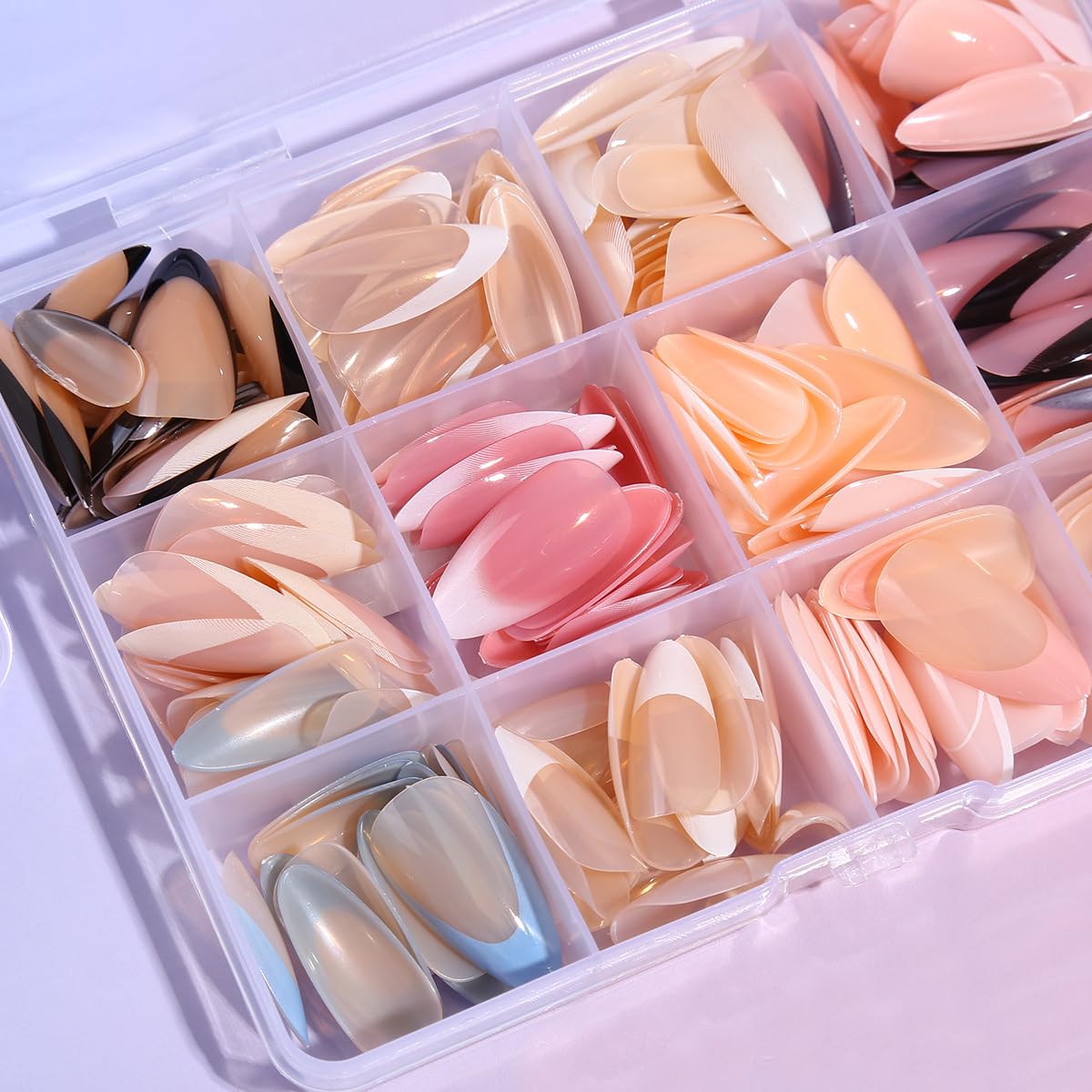 French Gel Nails - Colorful French Tip Press on Nails, Almond Press on Nails, Glossy Skin Tones Medium False Nails 288pcs -12 Sizes Artificial Fake Nails Stick on Nail for Women Manicure
