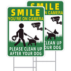 Clean Up After Your Dog Signs, 2-Pack 13"X10" Double-Sided H-Stake Metal Stakes Smile Your On Camera Signs, No Pooping Dog Signs For Yard, Pick Up After Your Dog Sign