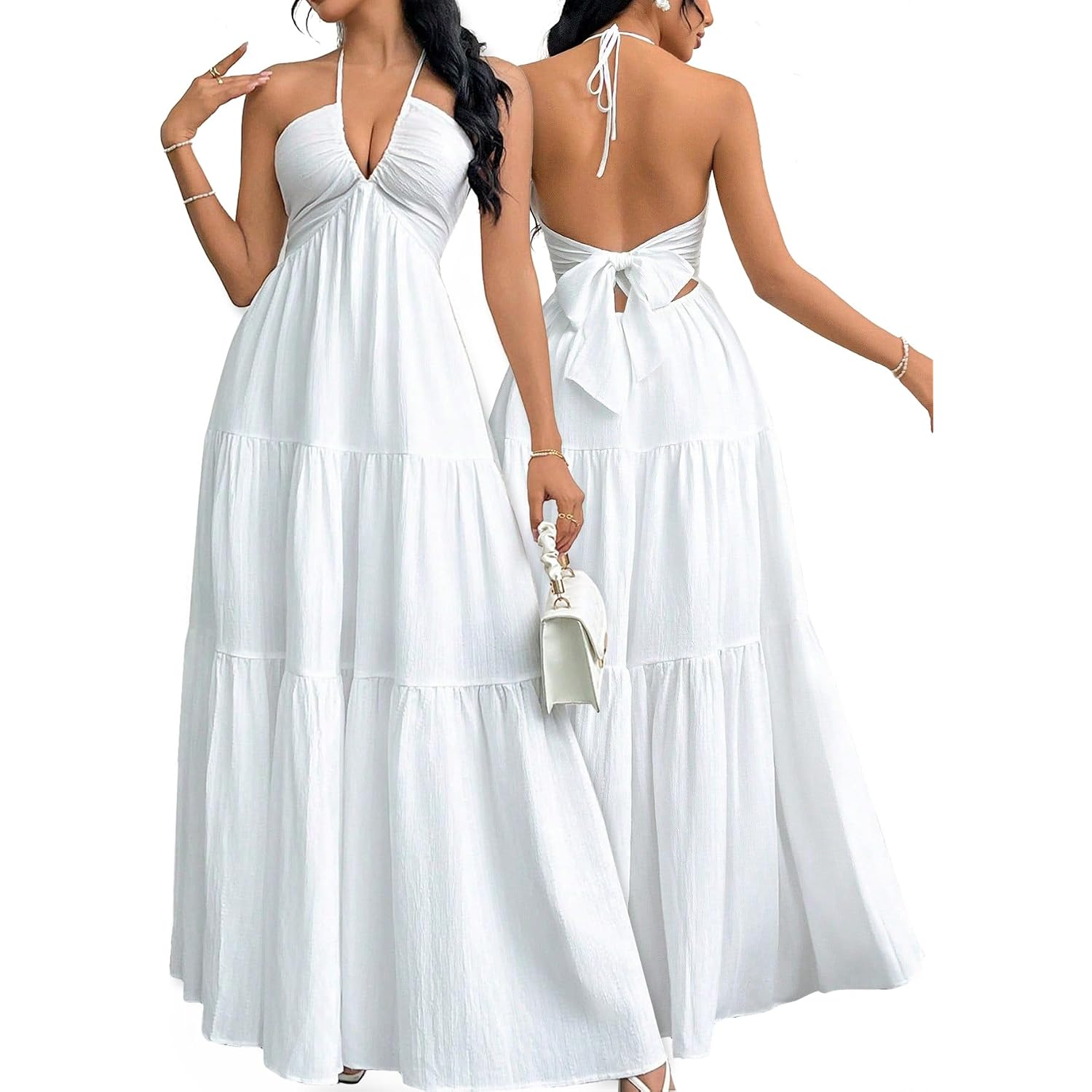 Narecte Women'S Maxi Summer Dresses Halter V Neck Beach Dresses For Women A-Line Casual Dress For Vacation
