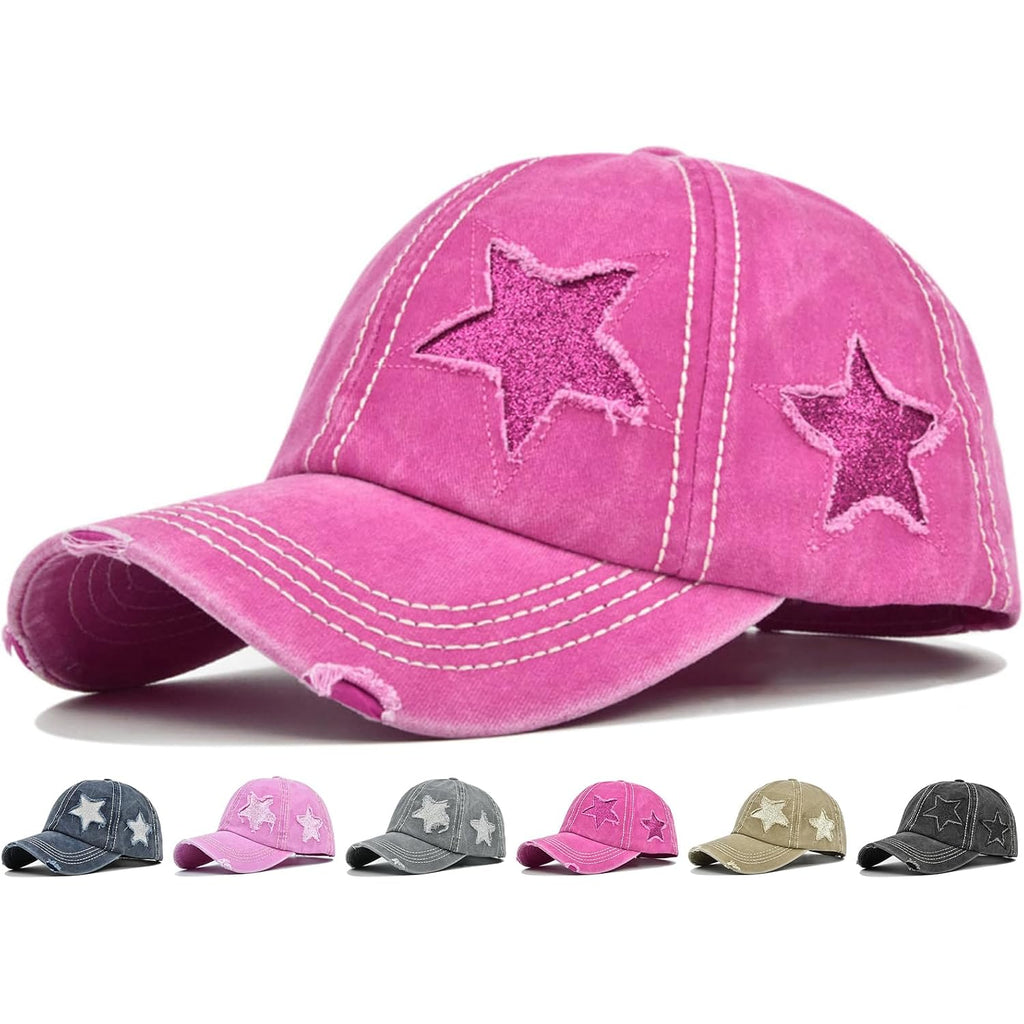 Initlove Ponytail Baseball Cap for Women Star High Messy Bun Caps Washed Cotton Distressed Hats Rose Red