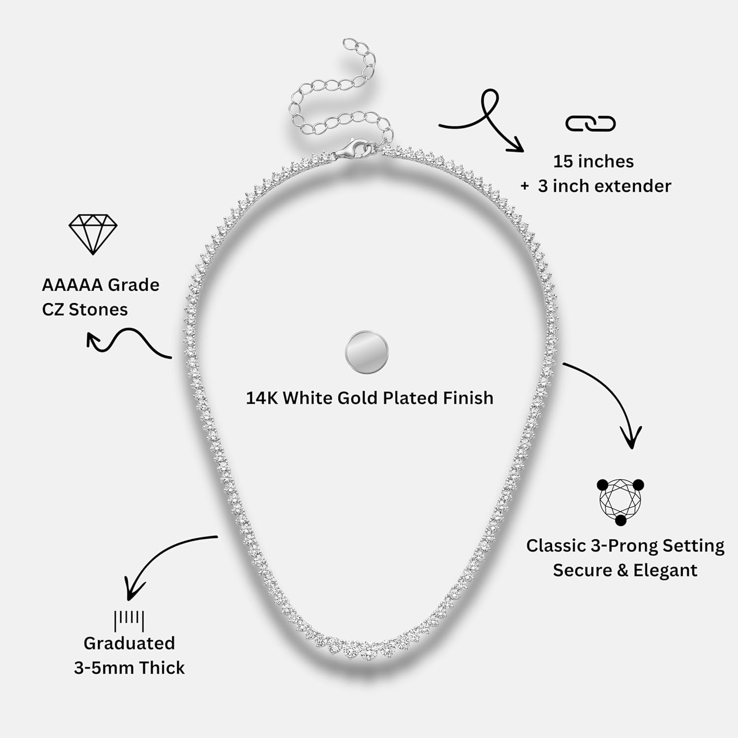 KISPER Graduated Tennis Necklace for Women – 14K Gold Plated 5A CZ Simulated Diamond Necklace – 3-Prong Setting, 3-5mm Stones, Adjustable 15-18"