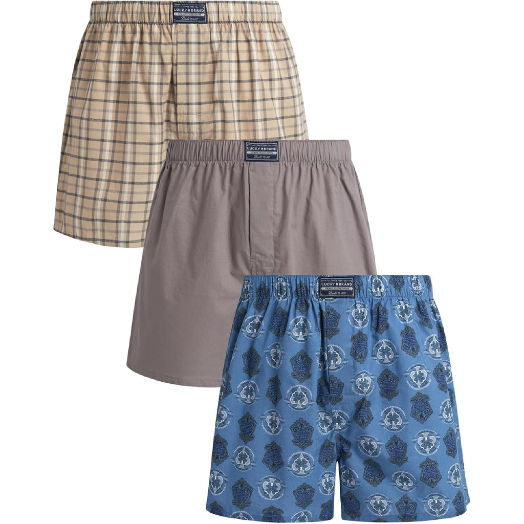 Lucky Brand Mens Boxer Shorts - 3 Pack Soft Cotton Relaxed Fit 4” Inseam Mens Underwear Boxers With Functional Fly
